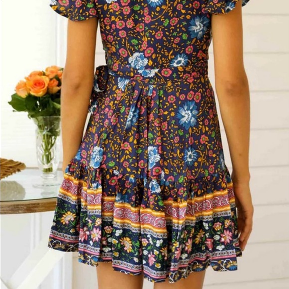 Navy Blue Boho Floral Gypsy Print Wrap Dress - Picture 3 of 6